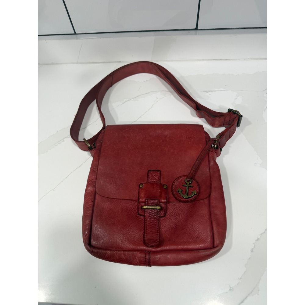 Harbour 2nd Red Leather Crossbody Messenger Bag Anchor Charm Distressed Vintage